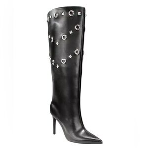 Women’s Knee High Stiletto Black Boots Saiqap INC Grommet Studs New 9-9.5 calf+